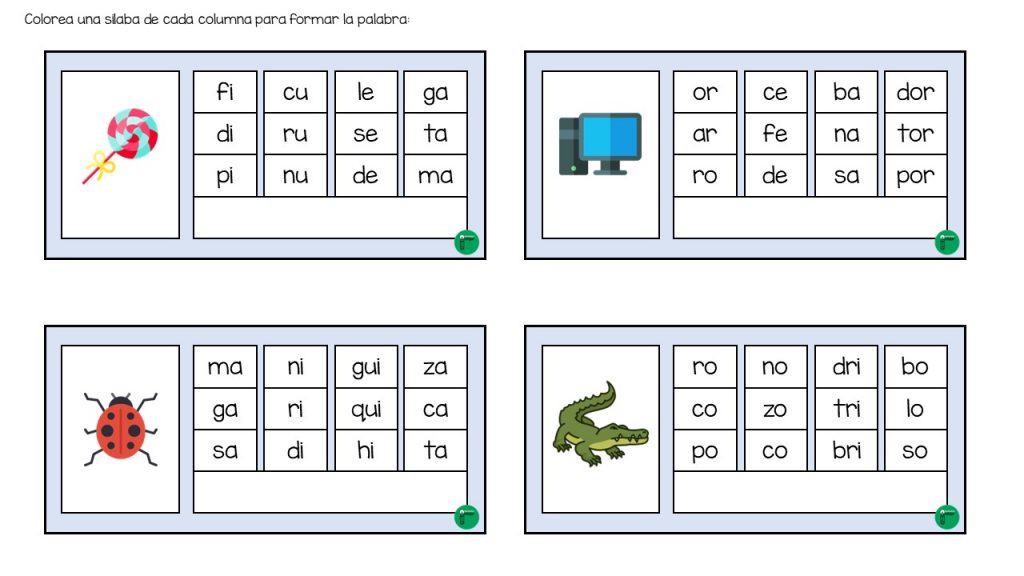 Tarjetitas para formar palabras de 4 sílabas Orientacion Andujar